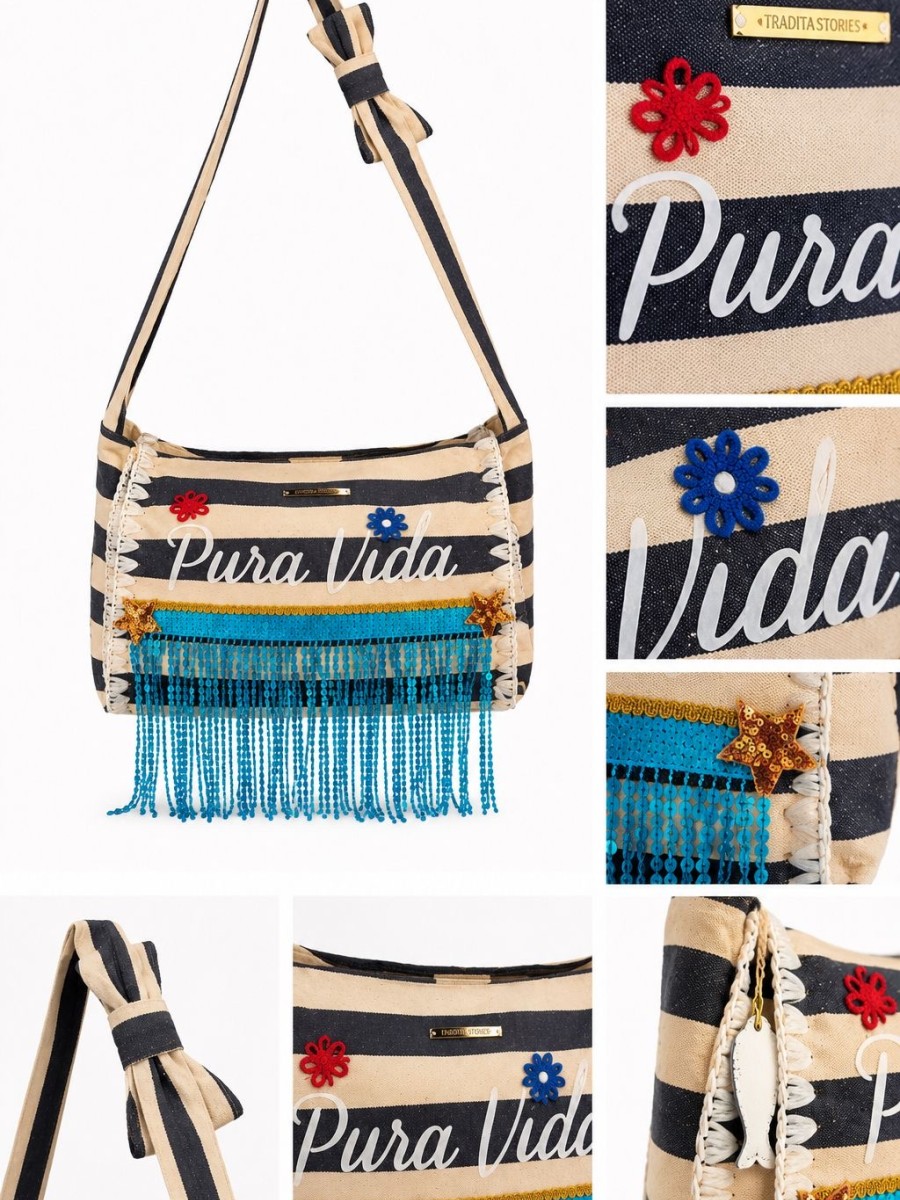 Borsa Tracolla Pura Vida con dettagli floreali e frange